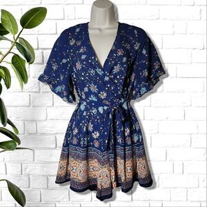 Charlette Russe Blue Floral Faux Wrap Boho Romper